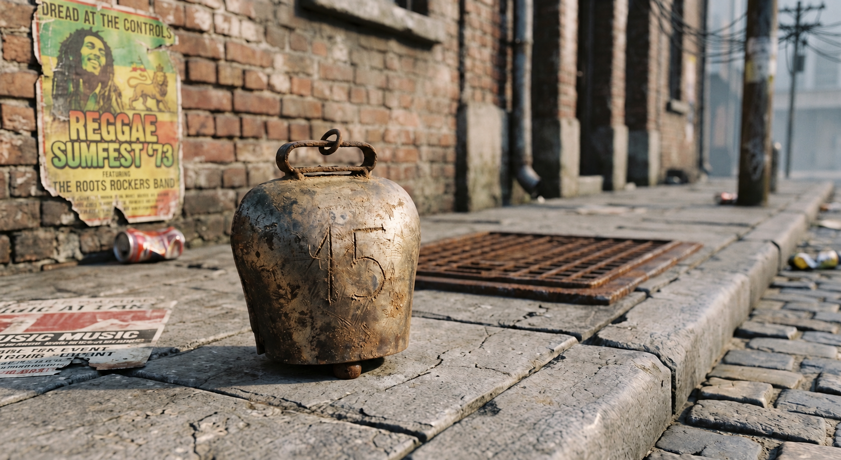 A weathered metal bell on an urban street
