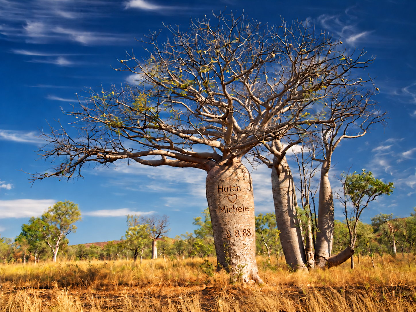 A boab tree with a carving on its trunk