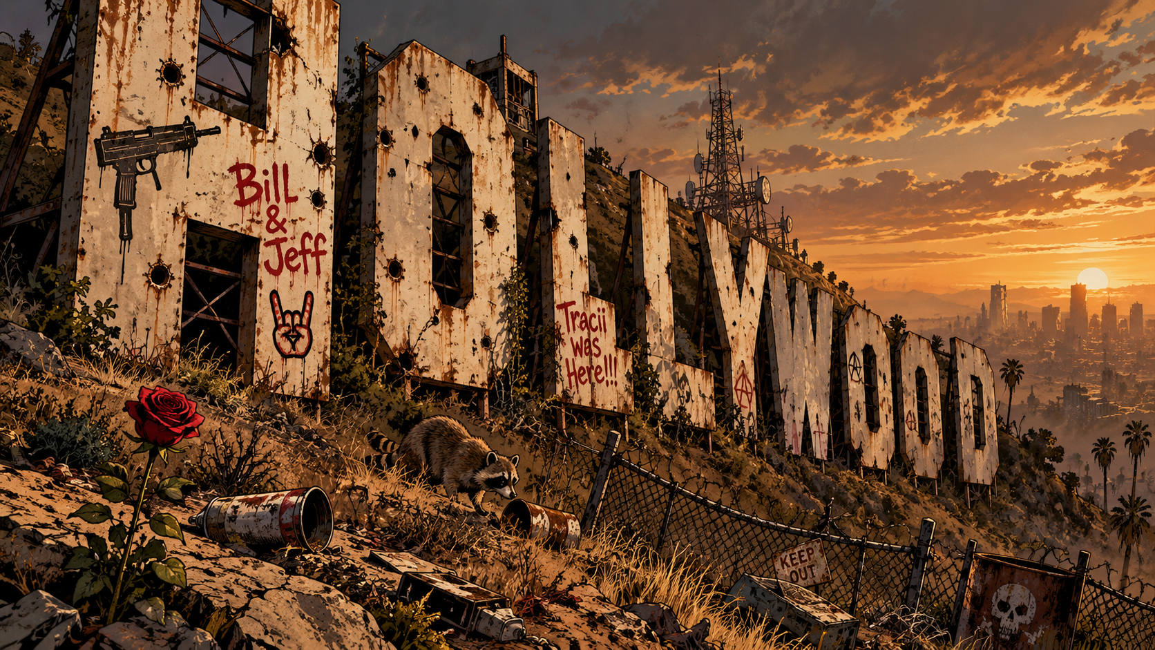 The Hollywood sign at sunset, with graffiti, a red rose, a skunk and a skull sign.