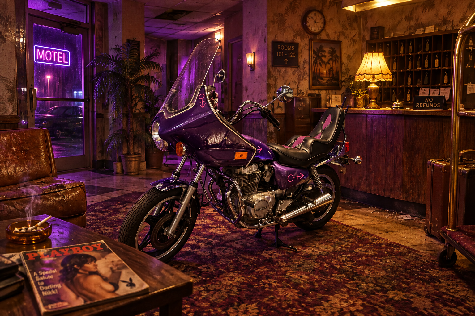 A motel lobby with a purple motorcycle