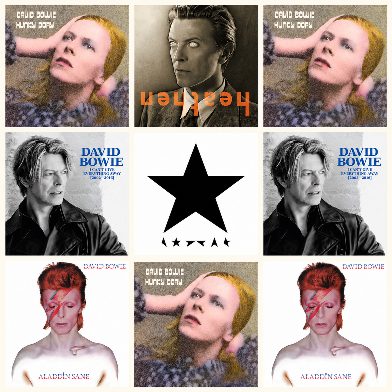 Nine album covers arranged in a three by three grid